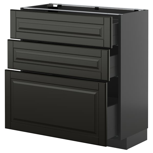 Moderne schwarze Küchenzeile, drei Schubladen und Schrank mit abgewinkelten Kanten, schlankes und zeitgemäßes Design.