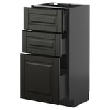 Moderner schwarzer Küchenschrank mit drei Schubladen und einer Tür, schlankes Design, glänzende Oberfläche.