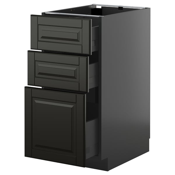 Dunkelgrauer METOD Küchenschrank mit abgeschrägten Kanten, drei Schubladen und einer Tür. Modernes und schlankes Design mit glatter Oberfläche.