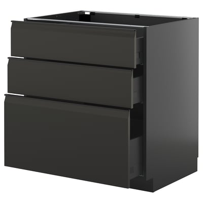 Moderner schwarzer Küchenschrank mit drei Schubladen, schlankes Design.