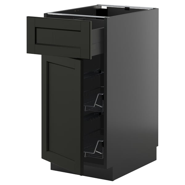 Dunkelgrauer moderner Küchenschrank mit Schublade und offenen Regalen. Marke METOD, Holz und Stahl.