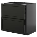 Schwarze METOD-Küchenzeile mit Schubladen, dunkles Holzfinish, kastenförmiges Design.