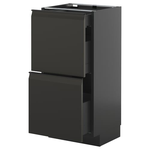 Moderner schwarzer Küchenschrank mit zwei Schubladen und schlanken, integrierten Griffen.