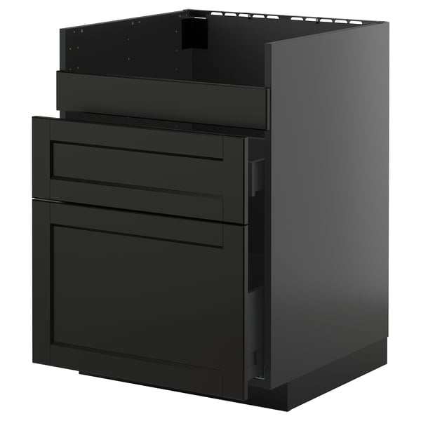 Schwarzer Küchenschrank mit zwei Schubladen und glatten Kanten, Teil des METOD-Systems.