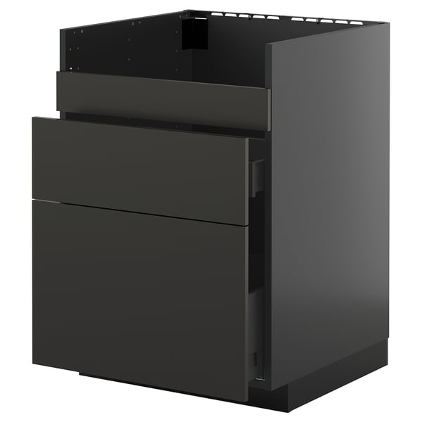 Moderner schwarzer Ikea-Küchenschrank, schlank und hoch mit mehreren Schubladen, langlebiges und stilvolles Design.
