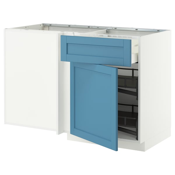 METOD / MAXIMERA Eckunterschrank m Schublade+Auszug, weiß/Lerhyttan blau, 128x68 cm