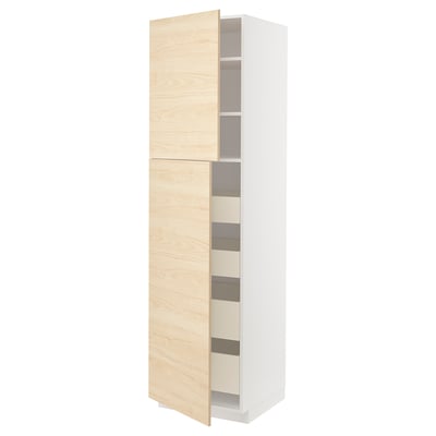 METOD Küchenschrank, helles Eschenholz, hoch, rechteckig, zwei Türen, weißer Rahmen, modernes Design.
