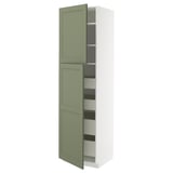 METOD Küchenschrank mit grün-grauen Axstad-Türen, schlank, hoch, modernes klassisches Design.