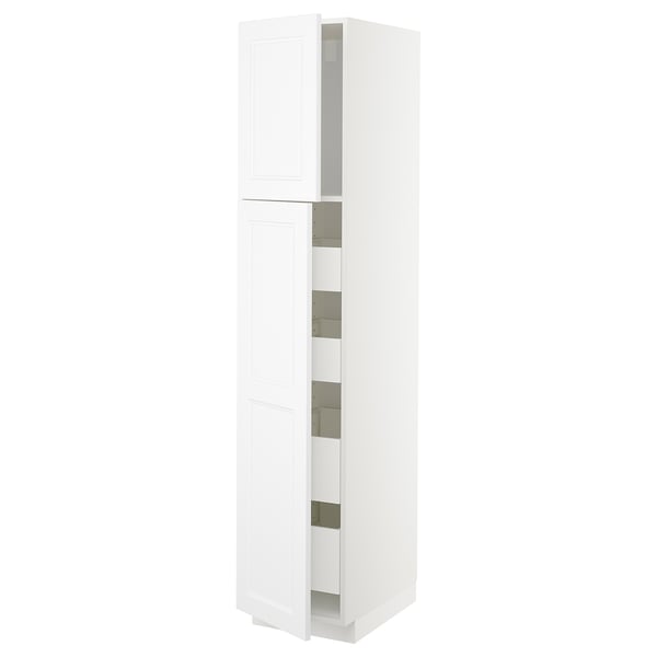 Ein weißer METOD-Küchenschrank mit schlankem Design, bestehend aus zwei Türen und mehreren Regalen, Teil des IKEA-Küchensystems.