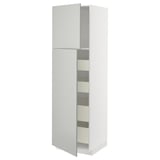Moderner weißer Hochschrank mit Doppeltüren, fünf Regalen, schlankem Design.