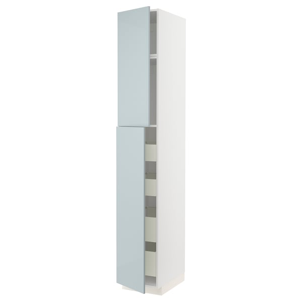 Hochglänzender blaugrauer Schrank, schlankes, vertikales, modernes, minimalistisches Design. Teil des METOD Küchensystems mit leichtgängigen Schubladen.