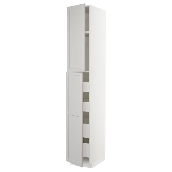 Weißer METOD-Schrank: klassisches Design, mehrere Schubladen und Regale, hoch und geradlinig.