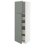 Moderner hoher Küchenschrank mit hellgrünen Türen, zwei Regalen und einem schlanken Design.