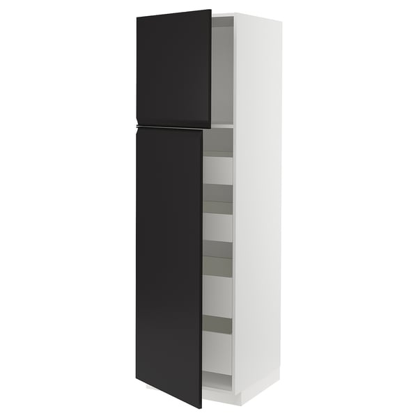 Moderner schwarz-weißer Küchenschrank mit mehreren Regalen, schlankem Design und matter Oberfläche.