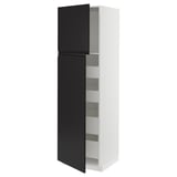 Moderner schwarz-weißer Küchenschrank mit mehreren Regalen, schlankem Design und matter Oberfläche.