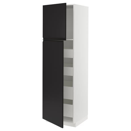 Moderner schwarz-weißer Küchenschrank mit mehreren Regalen, schlankem Design und matter Oberfläche.