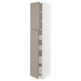 Moderner Küchenschrank in Grau-Beige mit integriertem Griff und Schubladen.