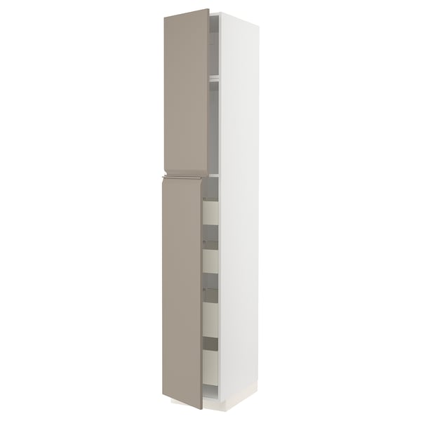 Höhenverstellbarer hellbeiger Küchenschrank mit 2 Türen und grauen Griffen, modernes Design mit Metallic- und Kunststoffmaterialien.