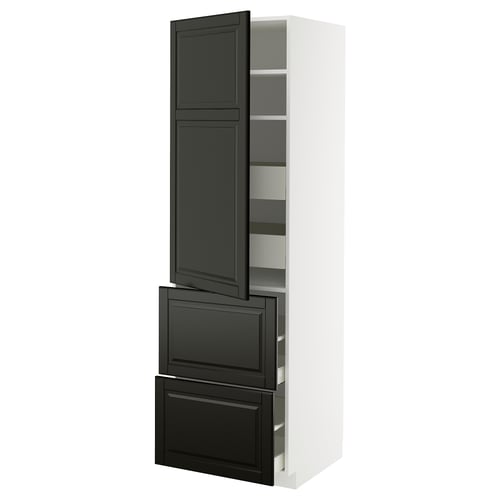 METOD Küchenzeile in schwarz-weiß. Großes, modernes Design mit Regalen und Schubladen. Langlebige Spanplatten- und Stahlkonstruktion.