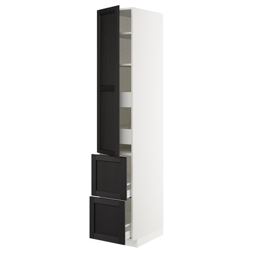 Kombination aus weißem und dunkelgrauem Schrank, schlank und hoch, mit offenen Regalen und Schubladen, modernes Design.