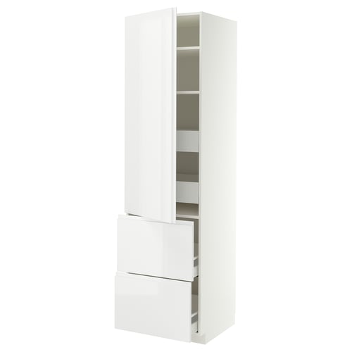 METOD / MAXIMERA Hochschr. Böd/4 Schubl./Tür/2 Fro, weiß/VOXTORP Hochglanz weiß senkrechter Griff, 60x60x220 cm
