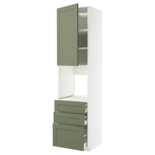 METOD Küchenzeile in Graugrün mit Hochschrank und Schubladen, modernes traditionelles Design.
