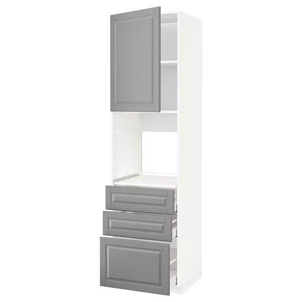 Weißer METOD-Küchenzeile mit grauen Schubladen und Schränken, 1 Schrank, 3 Schubladen.