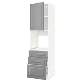 Weißer METOD-Küchenzeile mit grauen Schubladen und Schränken, 1 Schrank, 3 Schubladen.