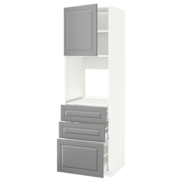 Ein grauer Küchenschrank aus dem METOD-System mit drei Schubladen und einem Oberschrank.