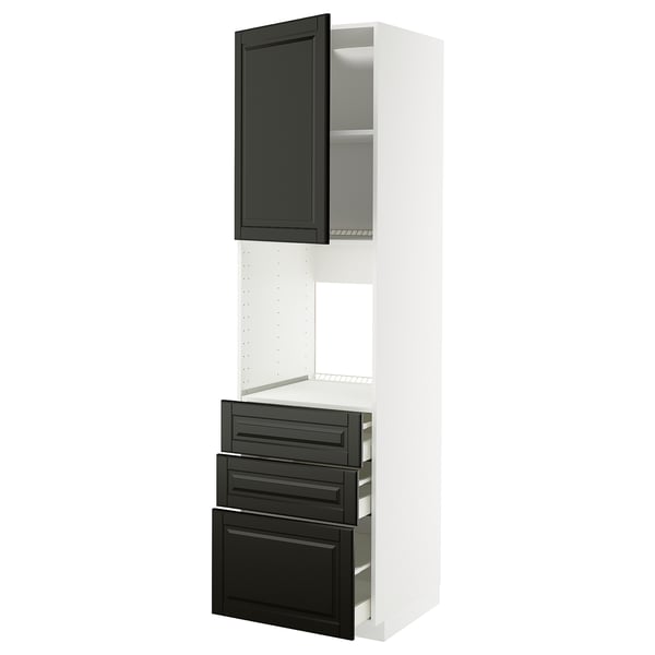 Moderner weißer Küchenschrank mit schwarzen Schubladen und Tür, schlankes Design.