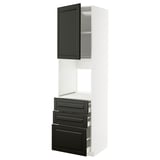 Moderner weißer Küchenschrank mit schwarzen Schubladen und Tür, schlankes Design.