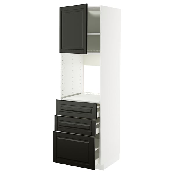 METOD Küchenzeile: weiß mit schwarzen Türen und Schubladen, schlankes Design, moderner Stil.