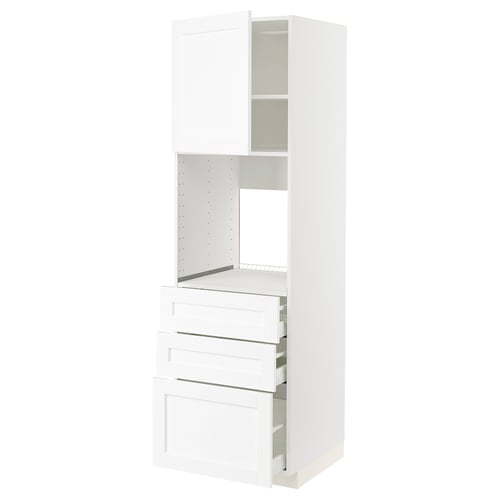 Weißer IKEA METOD Küchenschrank mit Schubladen und Regalen.