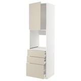 Ein hoher, weißer Küchenschrank mit beigen Schubladen. Es hat ein schlankes, modernes Design mit drei Schubladen und einer oberen Flügeltür.