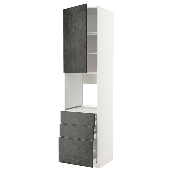 Moderner hoher Küchenschrank mit dunkelgrauen Betonschubladen und Türen.