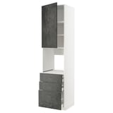 Moderner hoher Küchenschrank mit dunkelgrauen Betonschubladen und Türen.