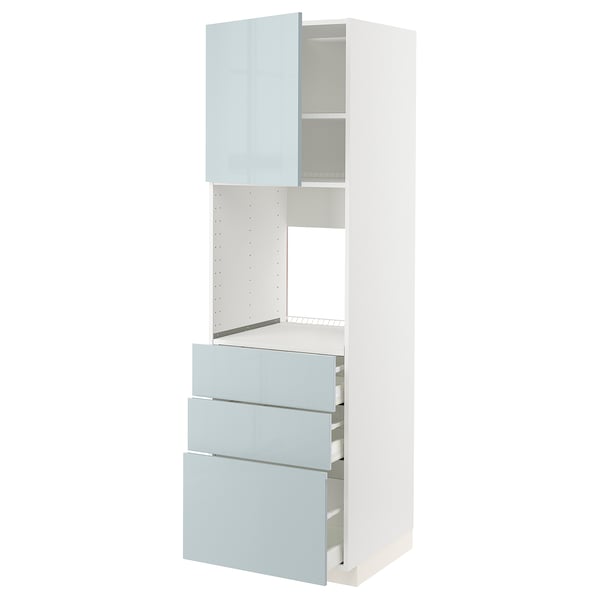 METOD weißer Hochschrank, graublaue Schubladen, moderne Küchenzeile.