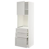 Weißer METOD-Küchenschrank mit abgeschrägten grauen Schubladen und Türen, drei Schubladen und einer Tür, modernes Design.