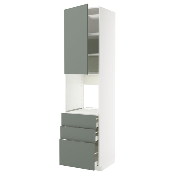 Moderne Küchenaufbewahrung in Graugrün mit Schrank und Schubladen, schlankes und organisiertes Design.