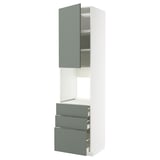 Moderne Küchenaufbewahrung in Graugrün mit Schrank und Schubladen, schlankes und organisiertes Design.