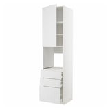 Ein weißer METOD Küchenschrank mit modernem Design. Es besteht aus Schubladen und Regalen aus Brettern und Stahl mit einer hohen, rechteckigen Form.