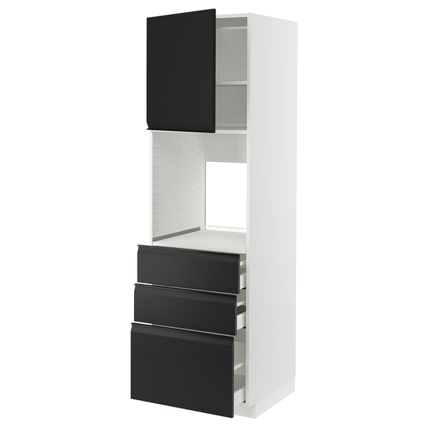 Moderner Küchenschrank, weiß mit schwarzen Schubladen. Großes, kastenförmiges, minimalistisches Design mit integrierten Griffen.
