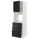 Moderner Küchenschrank, weiß mit schwarzen Schubladen. Großes, kastenförmiges, minimalistisches Design mit integrierten Griffen.