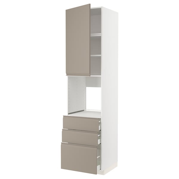 Moderne Küchenzeile: METOD in Grau-Beige, drei Schubladen, zwei Regale, schlichtes Design.