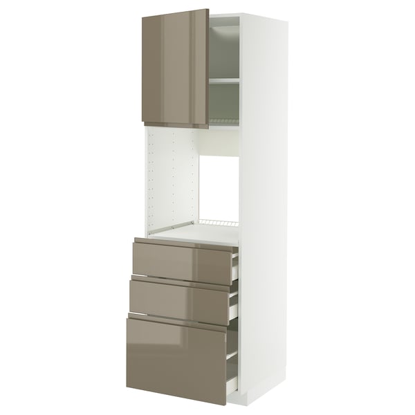 Moderne Küchenzeile, hochglänzend dunkelgraubraun mit weißem Rahmen, Schubladen und Schrank.