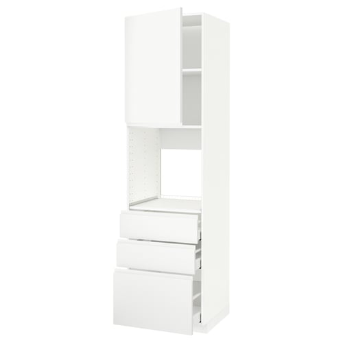 Weißer METOD-Küchenzeiler, modernes, minimalistisches Design, mit drei Schubladen und offenem Regal oben.