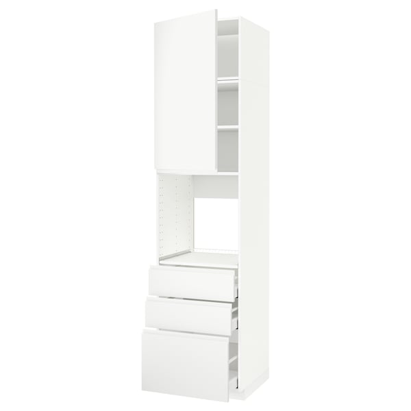 Ein weißer Küchenschrank aus dem METOD-System, mit mehreren Schubladen und einem Hochschrank mit Türen.