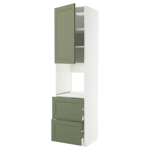 Ikea METOD Küchenzeile in Grün mit weißem Rahmen, zwei Regalen, Schubladen, schlankem Design.