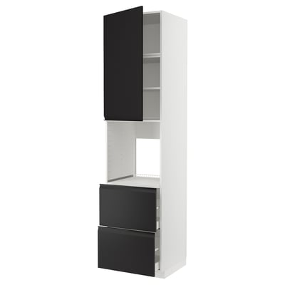 Moderne Küchenzeile: weißer Schrank, schwarze Schublade, schlankes Design.
