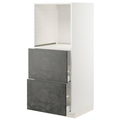 Eine weiße IKEA METOD-Küchenzeile mit zwei dunkelgrauen Schubladen in Betonoptik, die für einen Kühlschrank oder einen Backofen ausgelegt ist.